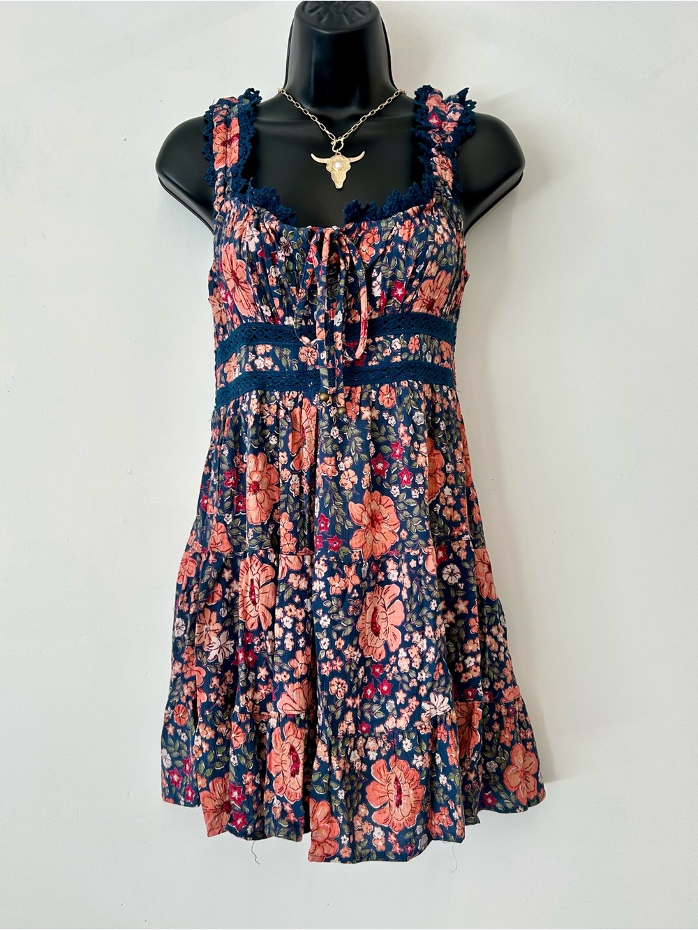 Angie Navy Sundress with Coral Floral Print